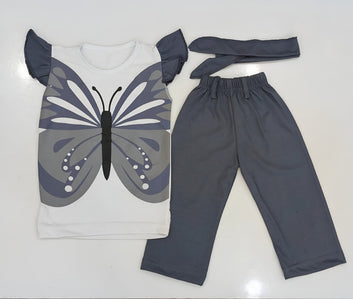 Flutter-Sleeve Butterfly Frock (GREY) Style Pants Set for Girls