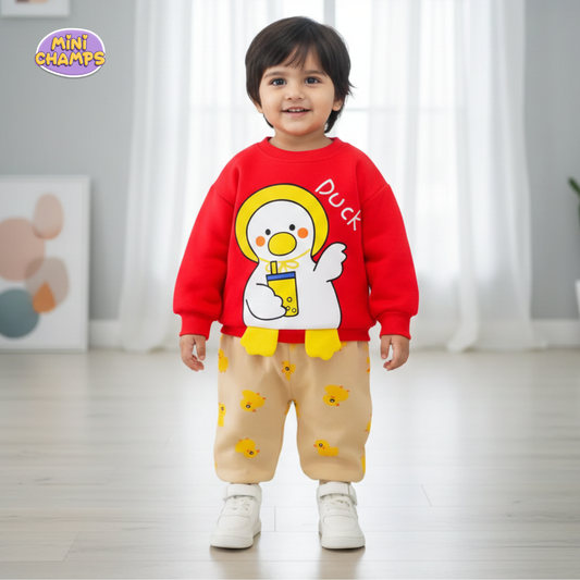 Duck Printed Sweatshirt Set - Red