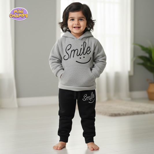 Smile Printed Hoodie & Trouser Set - Grey