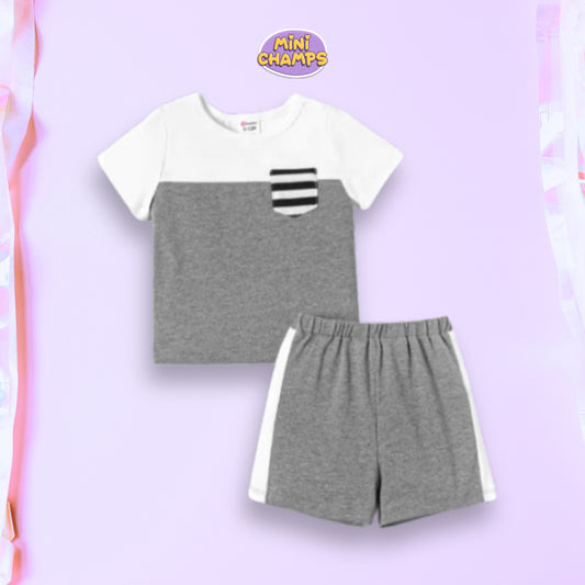 Grey and White T-shirt Shorts Set