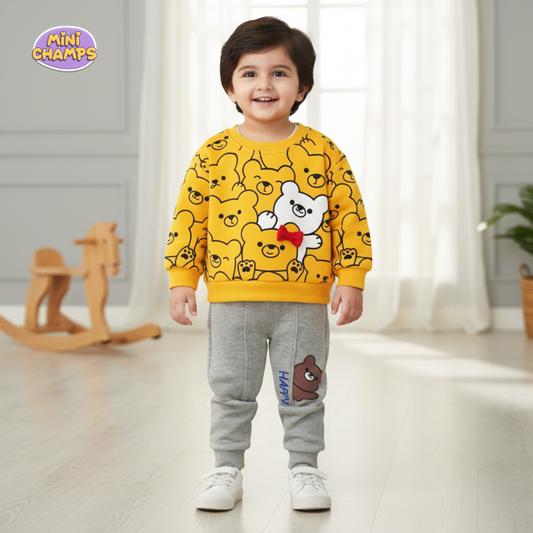 Happy Bear Printed Sweatshirt and Trouser - Yellow