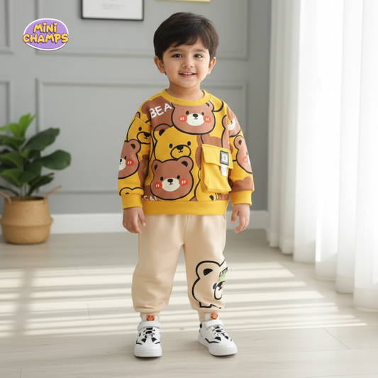Cute Bear Printed Sweatshirt Set - Yellow
