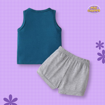 Blue Grey Sleeveless Shorts Set