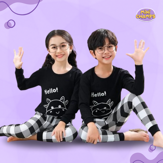 Hello Black Pattern Printed Kids Wear