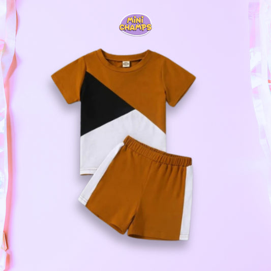 Brown Panel T-shirt Shorts Set