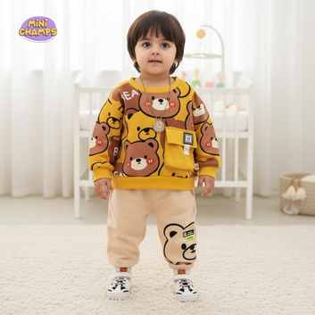 Cute Bear Printed Sweatshirt Set - Yellow