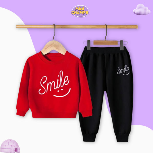 Smile Printed Sweatshirt & Trouser Set - Red