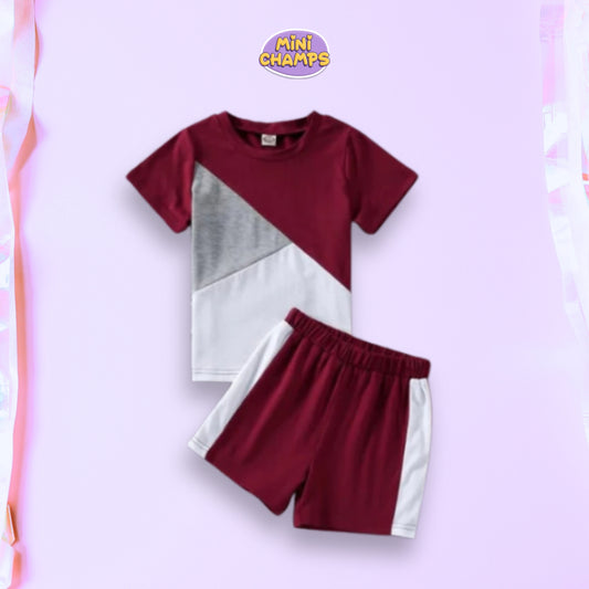 Maroon Panel T-shirt Shorts Set