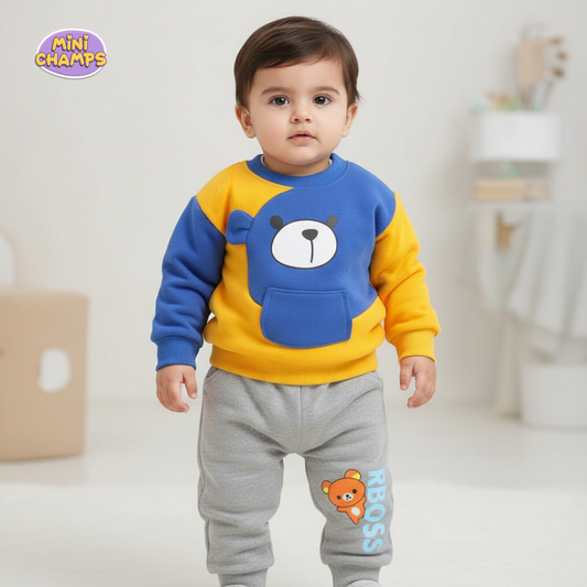 RBOSS Bear Printed Sweatshirt Set - Blue & Yellow