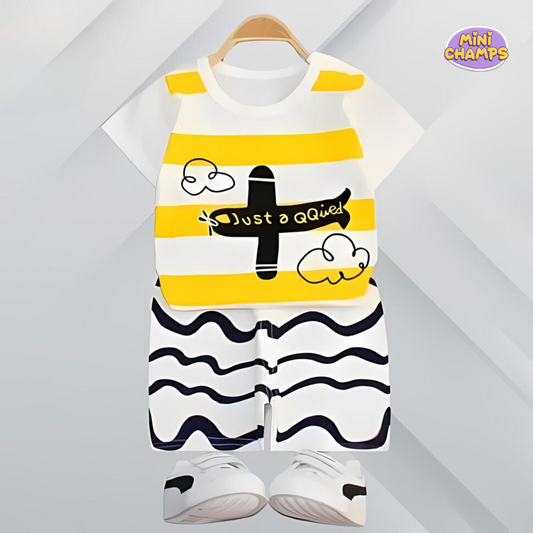 White & Yellow Aeroplane Shorts Set