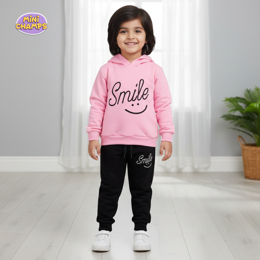 Smile Printed Hoodie & Trouser Set - Pink
