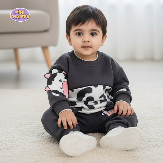 Cow Print Sweatshirt Set - Grey & White