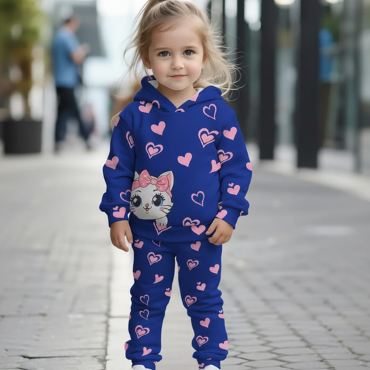 Kitty Hearts Printed Sweatshirt and Trouser - Blue