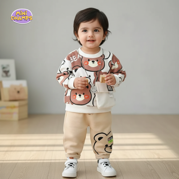 Cute Bear Printed Sweatshirt Set - White
