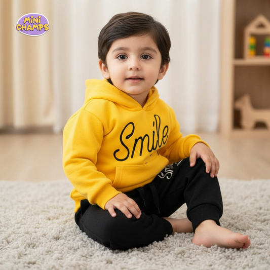 Smile Printed Hoodie & Trouser Set - Yellow