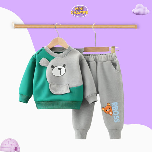 RBOSS Bear Printed Sweatshirt Set - Green & Grey