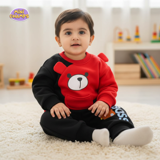 RBOSS Bear Printed Sweatshirt Set - Red & Black