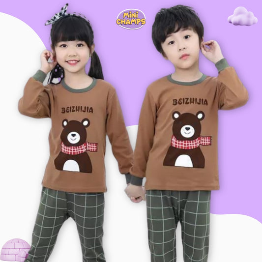 Brown Winter Bear Print Kids Wear