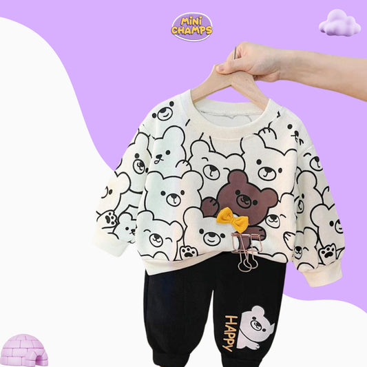 Happy Bear Printed Sweatshirt and Trouser - White