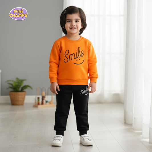 Smile Printed Sweatshirt & Trouser Set - Orange