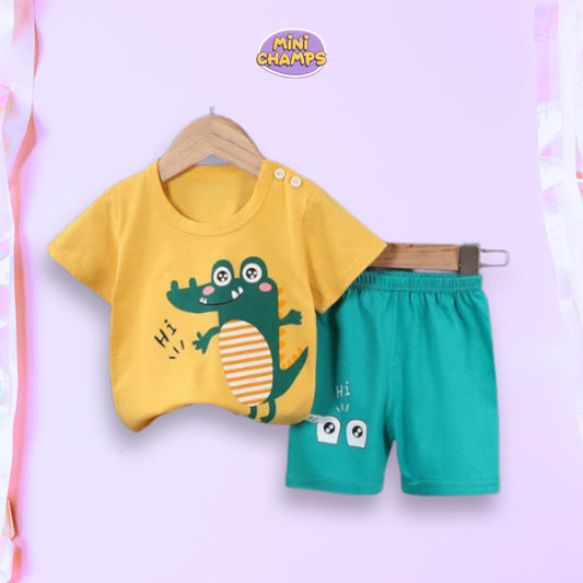 Yellow Hi Dino Printed Kids Short Sleeve Kids Wear