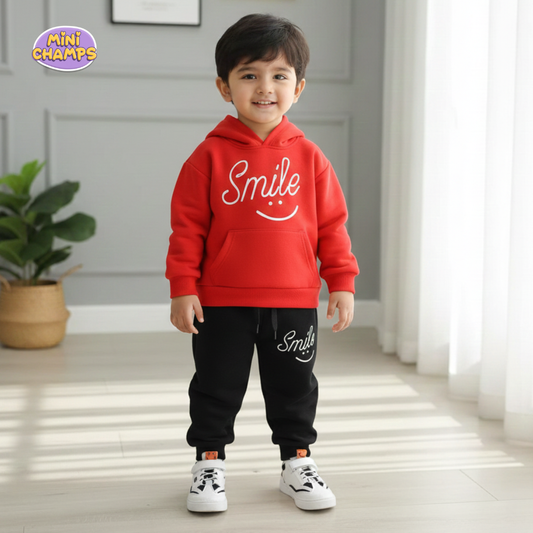 Smile Printed Hoodie & Trouser Set - Red