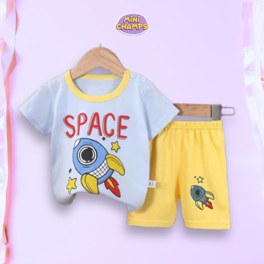 Sky Blue Rocket Printed Kids Short Sleeve Kids Wear