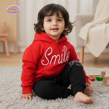Smile Printed Hoodie & Trouser Set - Red