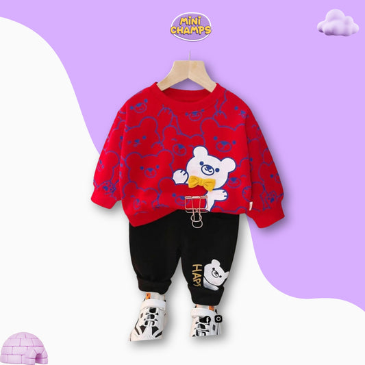 Happy Bear Printed Sweatshirt and Trouser - Red