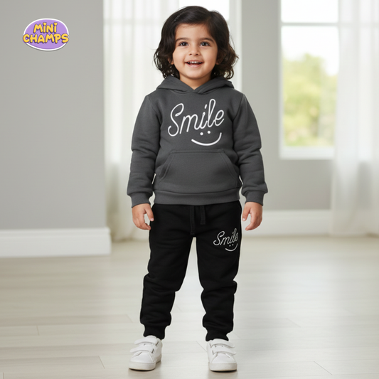 Smile Printed Hoodie & Trouser Set - Dark Grey