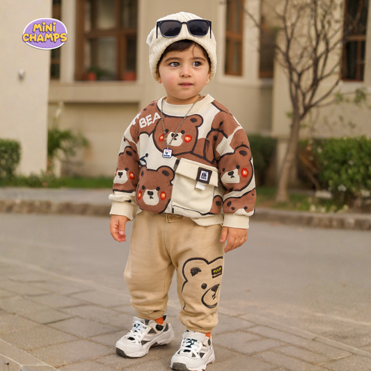 Cute Bear Printed Sweatshirt Set - White