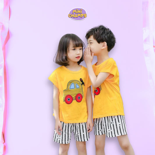 Yellow Car Printed Kids Short Sleeve Kids Wear