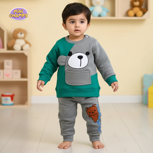 Bear Printed Sweatshirt Set - Green & Grey
