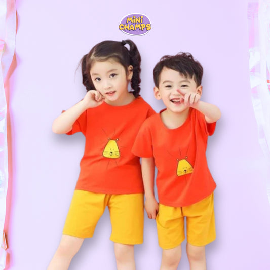 Orange With Yellow Cat Printed Short Sleeve Kids Wear