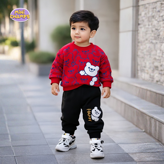 Happy Bear Printed Sweatshirt and Trouser - Red