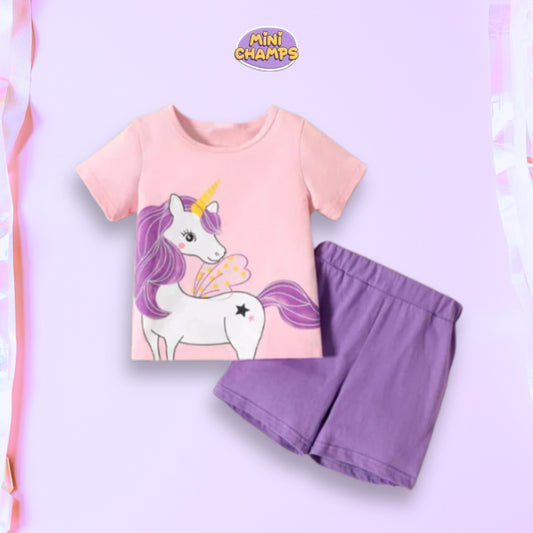 Pink Purple Unicorn Print Short-sleeve Tee & Shorts Set