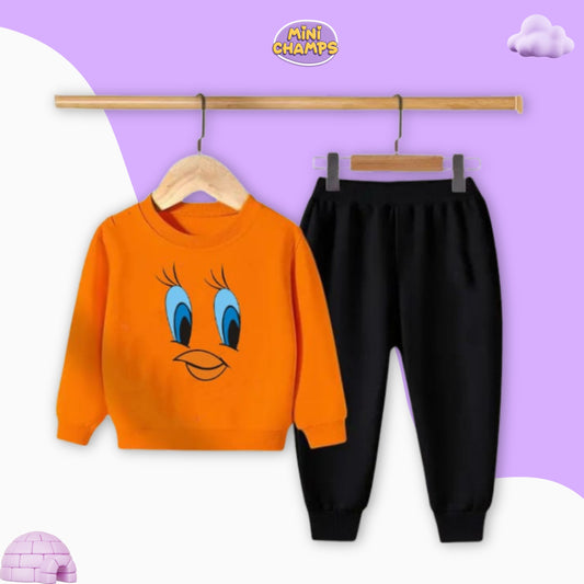 Tweety Face Printed Sweatshirt Set - Orange