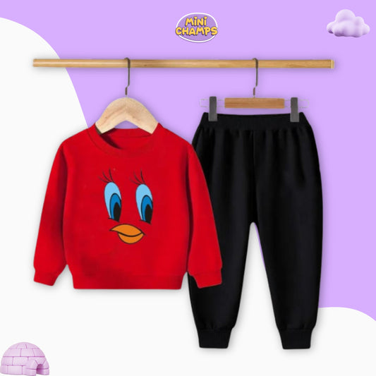 Tweety Face Printed Sweatshirt Set - Red