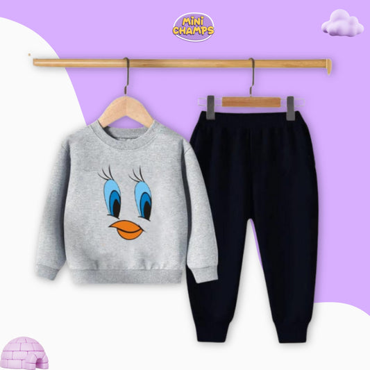 Tweety Face Printed Sweatshirt Set - Grey