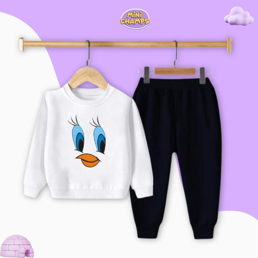 Tweety Face Printed Sweatshirt Set - White