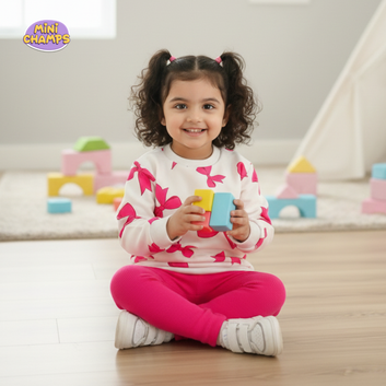 Pink Bow Printed Sweatshirt and Trouser - White & Pink