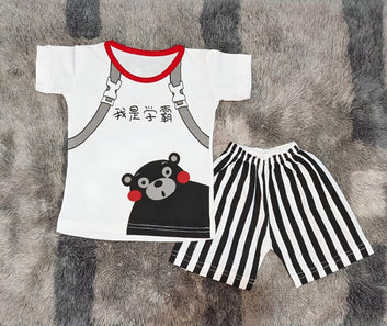 Boys Cartoon Bear Backpack Graphic Tee & Striped Shorts Set