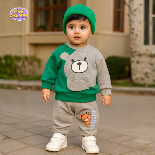 RBOSS Bear Printed Sweatshirt Set - Green & Grey