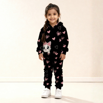 Kitty Hearts Printed Sweatshirt and Trouser - Black