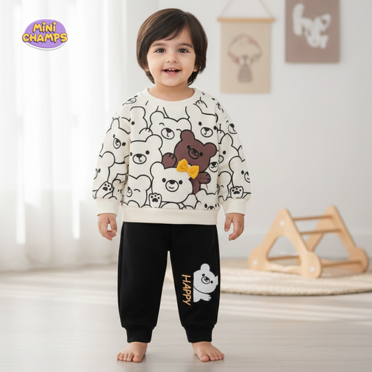 Happy Bear Printed Sweatshirt and Trouser - White