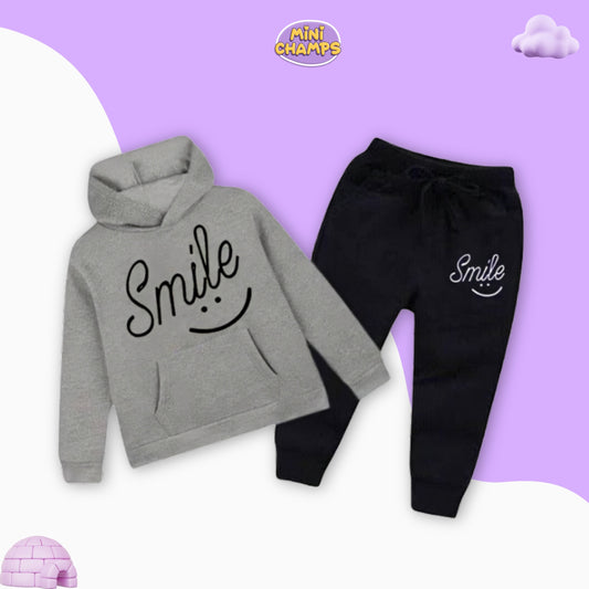 Smile Printed Hoodie & Trouser Set - Grey