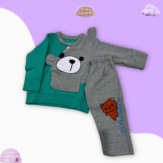 Bear Printed Sweatshirt Set - Green & Grey