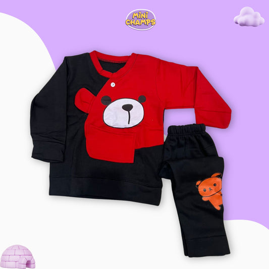 Bear Printed Sweatshirt Set - Red & Black