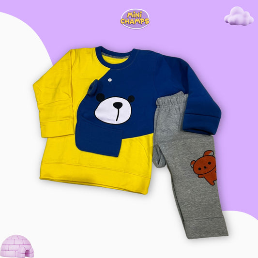 Bear Printed Sweatshirt Set - Blue & Yellow