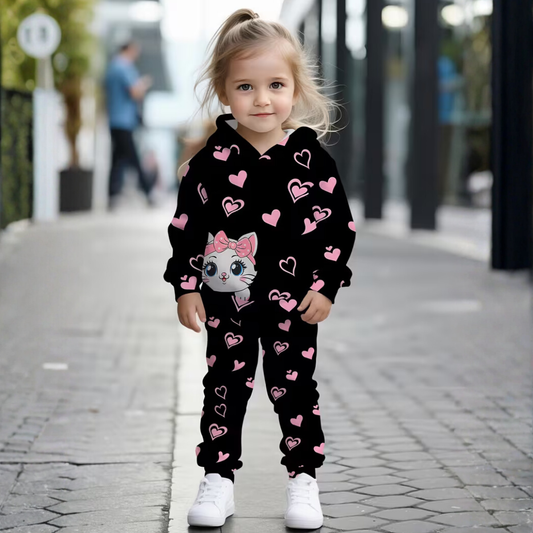 Kitty Hearts Printed Sweatshirt and Trouser - Black